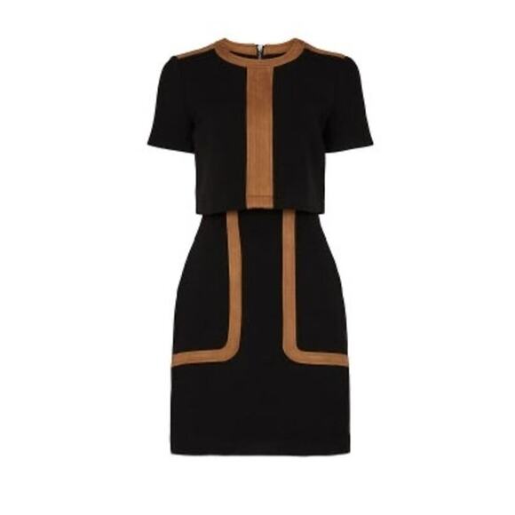 TOCCIN Black & Tan Faux Suede Stretch Hourglass Sheath Mini Dress Size 10 - Picture 2 of 10